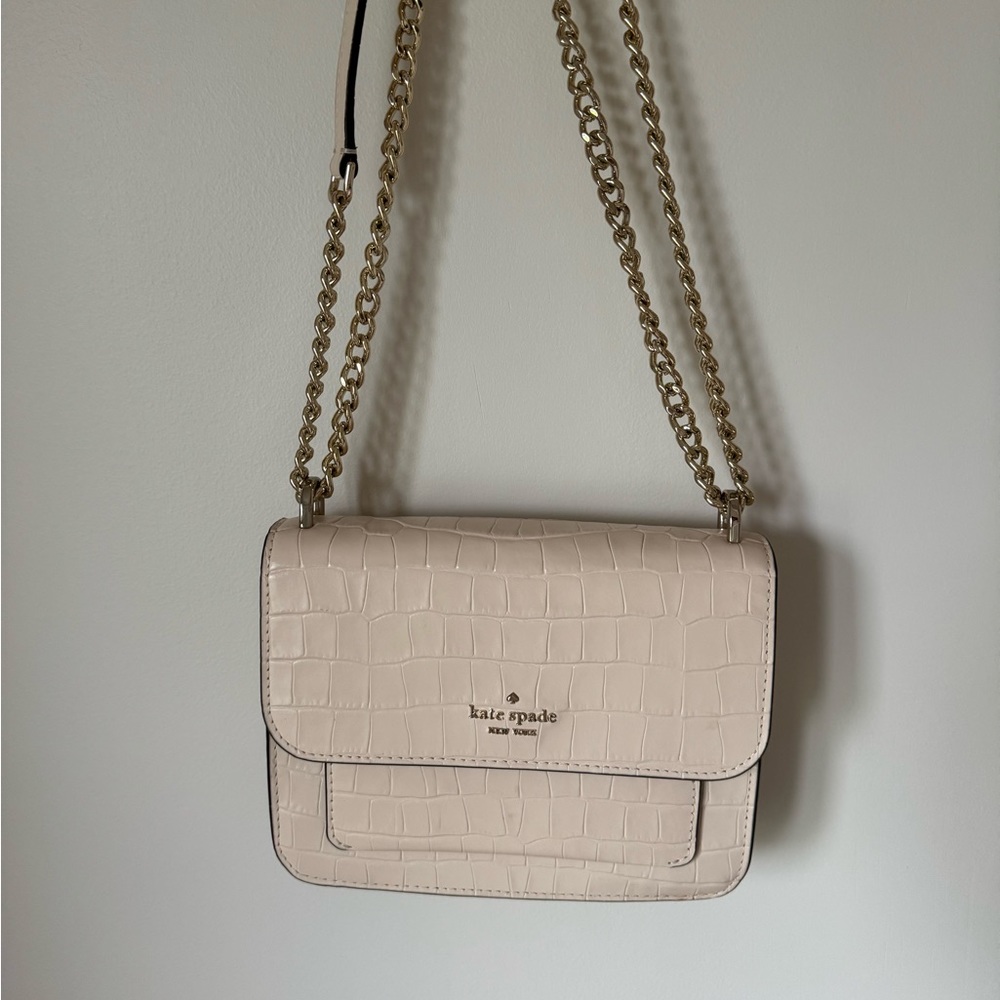 kate spade croc embossed flap chain cream crossbody
